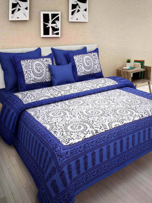 E ELMA Cotton Queen Flat 144 TC Jaipuri Prints Bedsheet(Pack of 1, Blue)