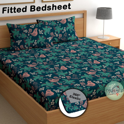 CG Homes Cotton Double Fitted (Elastic) 200 TC Floral Bedsheet(Pack of 1, Peacock)