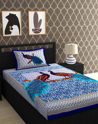 Mandakini 140 TC Cotton Single Jaipuri Prints Flat Bedsheet(Pack of 1, Blue)