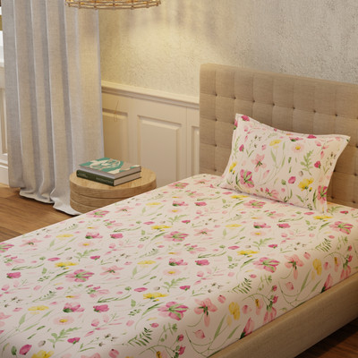 Urban Space Cotton Single Flat 200 TC Floral Bedsheet(Pack of 1, Meadows Rose Pink)