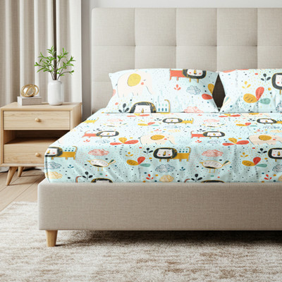 Urban Space Cotton King Fitted (Elastic) 200 TC Floral Bedsheet(Pack of 1, Lion King Sky Blue)