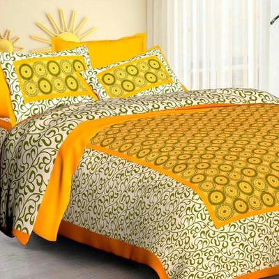 LOCEE 144 TC Cotton Double Printed Flat Bedsheet(Pack of 1, Yellow)