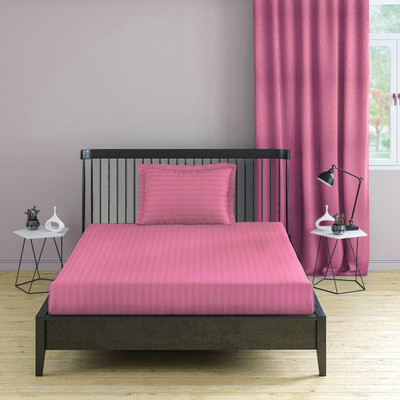 roman Cotton Single Flat 300 TC Striped Bedsheet(Pack of 1, Baby Pink)