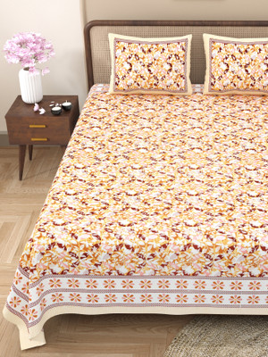 CLOTHOLOGY Cotton King Flat 240 TC Jaipuri Prints Bedsheet(Pack of 1, Yellow, Brown, White)