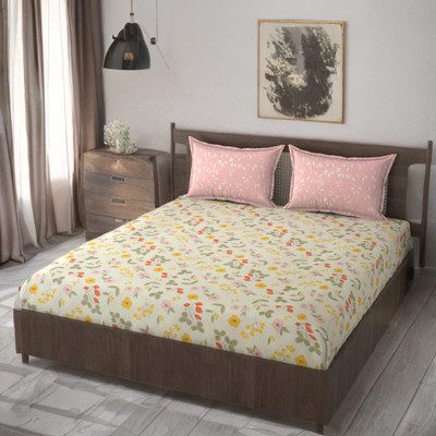 HUESPACE Cotton, Microfiber Double Flat 300 TC Printed Bedsheet(Pack of 1, Multicolor)