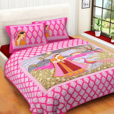 Sahiba Dreamline Decor Cotton Double Flat 104 TC Printed Bedsheet(Pack of 1, Pink)