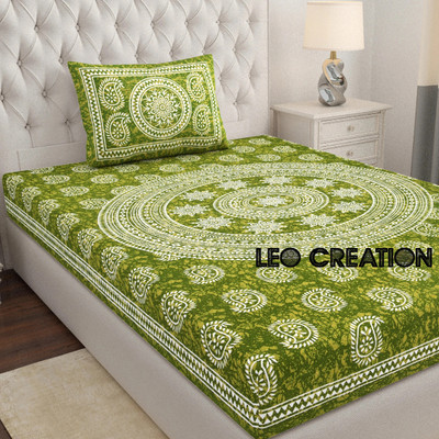 Leo Creation Cotton Single Flat 144 TC Jaipuri Prints Bedsheet(Pack of 1, Green, Dark Green, White)