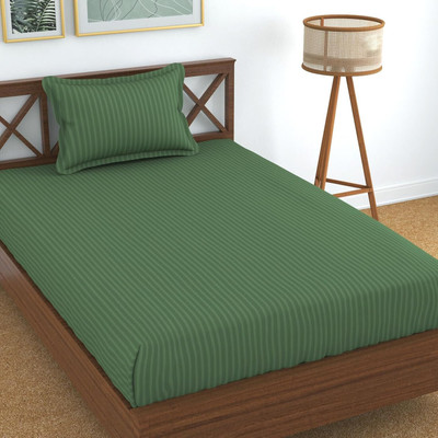 HOMYBEES Cotton Single Flat 210 TC Striped Bedsheet(Pack of 1, Green)