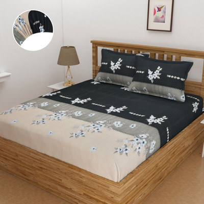 Mahadev Trading 300 TC Microfiber Double 3D Printed Fitted (Elastic) Bedsheet(Pack of 1, Black Beige)
