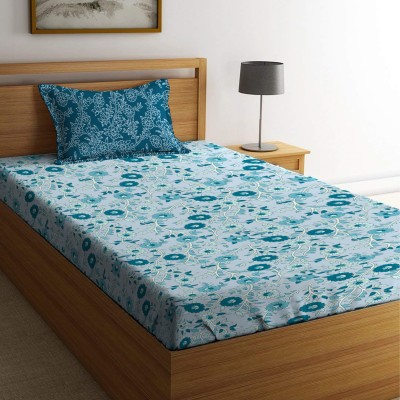 TRIDENT 144 TC Cotton Single Geometric Flat Bedsheet(Pack of 1, Desert Gardern Blue)