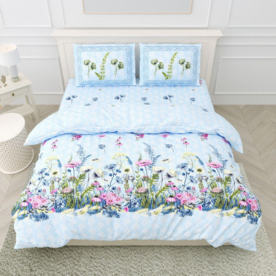 RJ Cotton King Flat 210 TC Printed Bedsheet(Pack of 1, Blue, Cream)