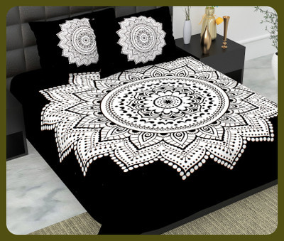 BedZone Cotton Double Flat 240 TC Jaipuri Prints Bedsheet(Pack of 1, Black)