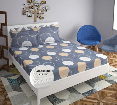 ABC Polycotton Double Fitted (Elastic) 280 TC Printed Bedsheet(Pack of 1, Chakri)
