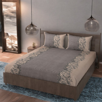 HUESPACE Cotton, Microfiber Double Flat 300 TC Floral Bedsheet(Pack of 1, Brown, Beige, Black)