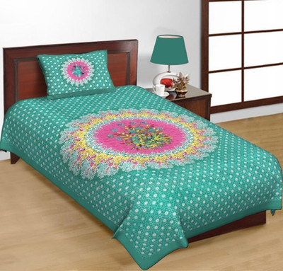 FABSOFT Cotton Single Flat 144 TC Jaipuri Prints Bedsheet(Pack of 1, Green)