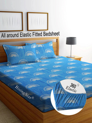 RisingStar Cotton King Fitted (Elastic) 250 TC Striped Bedsheet(Pack of 1, Blue)