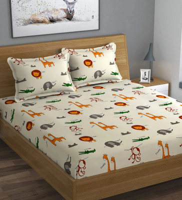 The Little Big Store Cotton King Fitted (Elastic) 210 TC Printed Bedsheet(Pack of 1, Beige Animal)