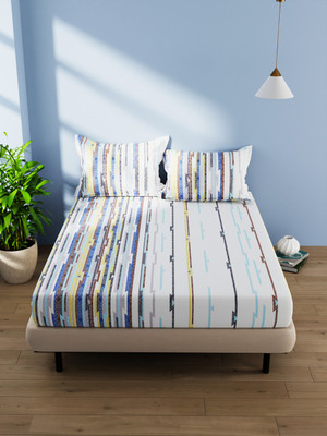 Bianca 144 TC Cotton Double Striped Flat Bedsheet(Pack of 1, TEAL/MULTI)