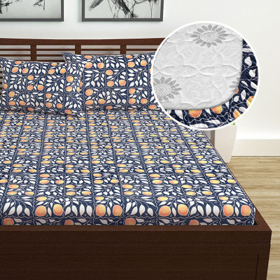 Divine Casa Cotton Double Fitted (Elastic) 144 TC Floral Bedsheet(Pack of 1, Blue Velvet)