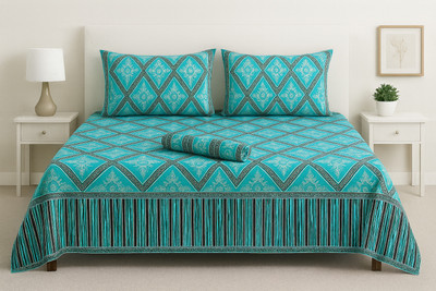 P S COLLECTIONS Cotton Queen Flat 180 TC Motifs Bedsheet(Pack of 1, Turquoise blue)
