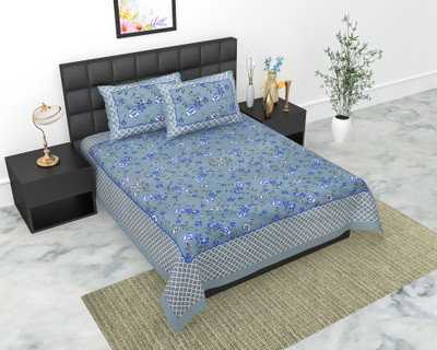 E ELMA Cotton Double Flat 144 TC Jaipuri Prints Bedsheet(Pack of 1, Grey)