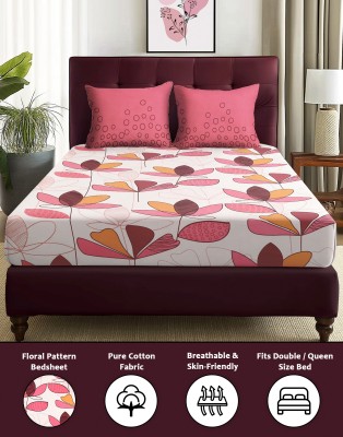 Story@home 152 TC Cotton Double Floral Flat Bedsheet(Pack of 1, White, Pink)