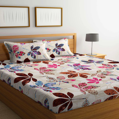 ZIPPYBIZ Microfiber, Cotton King Flat 320 TC Floral Bedsheet(Pack of 1, CREAM MULTICOLOR)