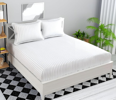 Cool Dealzz 210 TC Cotton Double Striped Flat Bedsheet(Pack of 1, White)
