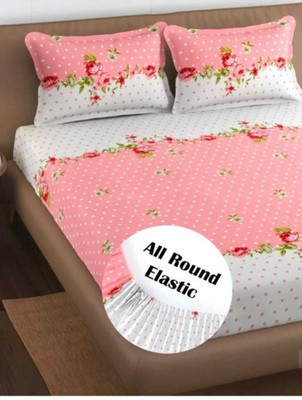 KRJD Cotton, Polycotton, Fleece Double Fitted (Elastic) 160 TC Floral Bedsheet(Pack of 1, Pink)