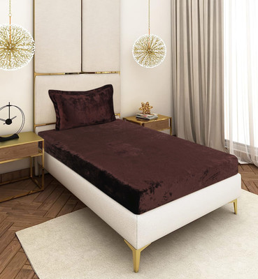 Crafteal Velvet Single Fitted (Elastic) 300 TC Solid Bedsheet(Pack of 1, Brown)