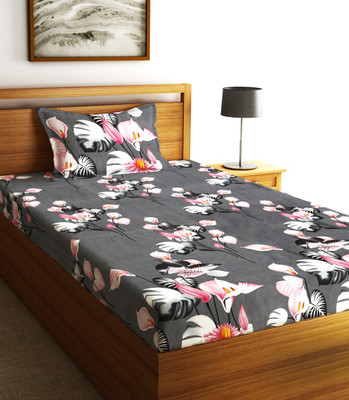 Fashion String Microfiber Single Flat 120 TC Floral Bedsheet(Pack of 1, Charcoal Grey)