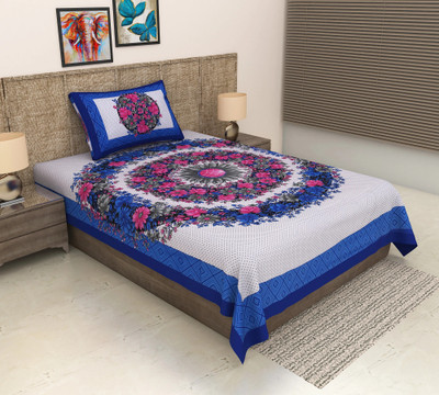 METRO LIVING 104 TC Cotton Single Jaipuri Prints Flat Bedsheet(Pack of 1, Blue)