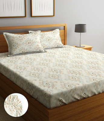 Home Sizzler 210 TC Microfiber Double Abstract Fitted (Elastic) Bedsheet(Pack of 1, Bright Cream)