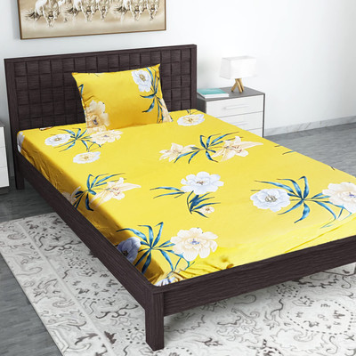AUSIEE 180 TC Cotton Single Abstract Fitted (Elastic) Bedsheet(Pack of 1, Yellow)