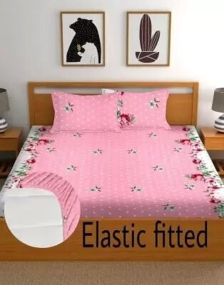 Home Collective 144 TC Polycotton King Printed Fitted (Elastic) Bedsheet(Pack of 1, Peach, White, 1 Double Bedsheet With 2 Pillow Covers)
