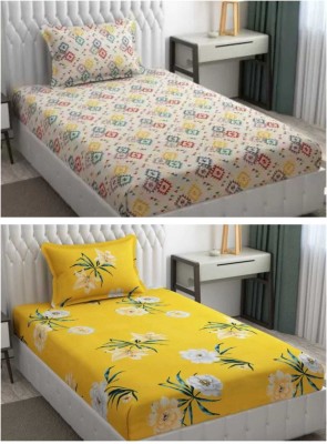 WIGGLY 180 TC Cotton Single Floral Fitted (Elastic) Bedsheet(Pack of 2, Cream, Yellow flower)