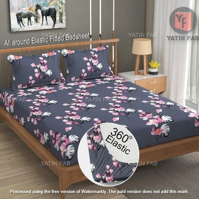 yatin fab 180 TC Microfiber King Printed Fitted (Elastic) Bedsheet(Pack of 1, Grey)