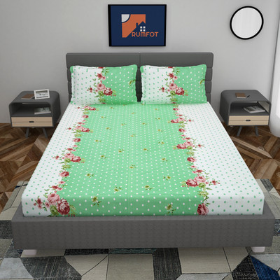 KESHAV 200 TC Cotton Queen Abstract Fitted (Elastic) Bedsheet(Pack of 1, Green)