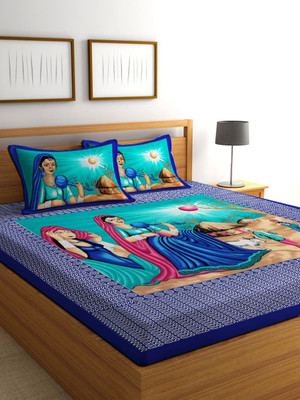 PALANG SHOBHA Cotton Queen Flat 144 TC Jaipuri Prints Bedsheet(Pack of 1, Blue)