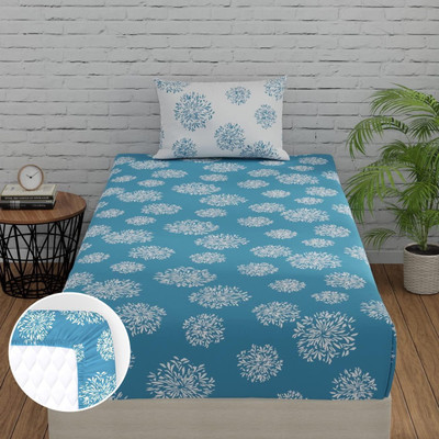 Huesland Cotton Single Fitted (Elastic) 144 TC Geometric Bedsheet(Pack of 1, Blue, White)