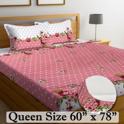 BEDORISM 300 TC Cotton Queen Printed Fitted (Elastic) Bedsheet(Pack of 1, Pink Dot)