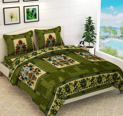 ARDM Woolen Double Flat 400 TC Floral Bedsheet(Pack of 1, Green)