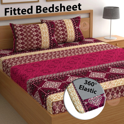 CG Homes 180 TC Cotton Double Printed Fitted (Elastic) Bedsheet(Pack of 1, Maroon)