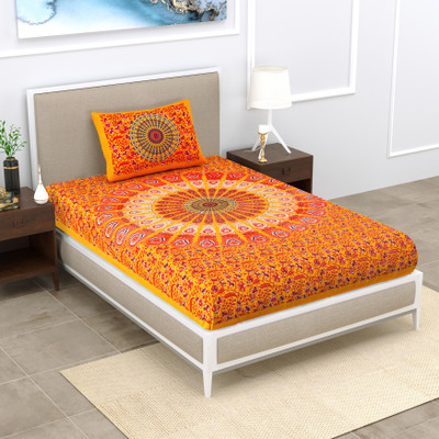 Mandakini 140 TC Cotton Single Jaipuri Prints Flat Bedsheet(Pack of 1, Light Yellow)