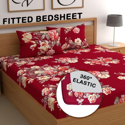 CG Homes 180 TC Cotton Double Printed Fitted (Elastic) Bedsheet(Pack of 1, Red)