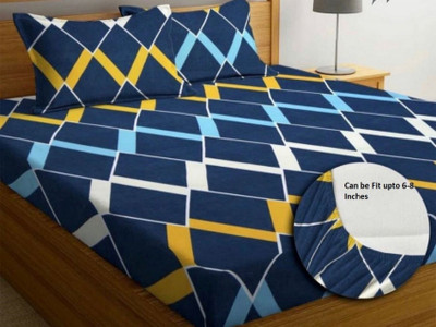 The Divine Cotton Super King Fitted (Elastic) 450 TC 3D Printed Bedsheet(Pack of 1, 1981-Blue)