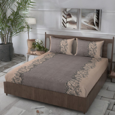 HUESPACE Cotton, Microfiber Double Flat 300 TC Floral Bedsheet(Pack of 1, Brown, Black)