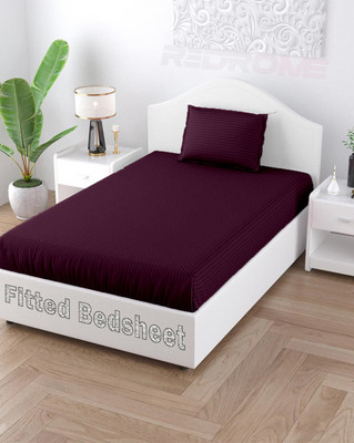 REDROME Cotton Single Fitted (Elastic) 300 TC Striped Bedsheet(Pack of 1, Wine)