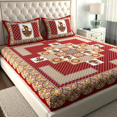 HouseOfCommon 144 TC Cotton Double Jaipuri Prints Flat Bedsheet(Pack of 1, Red)