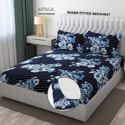Apala 350 TC Woolen King Printed Fitted (Elastic) Bedsheet(Pack of 1, Blue)